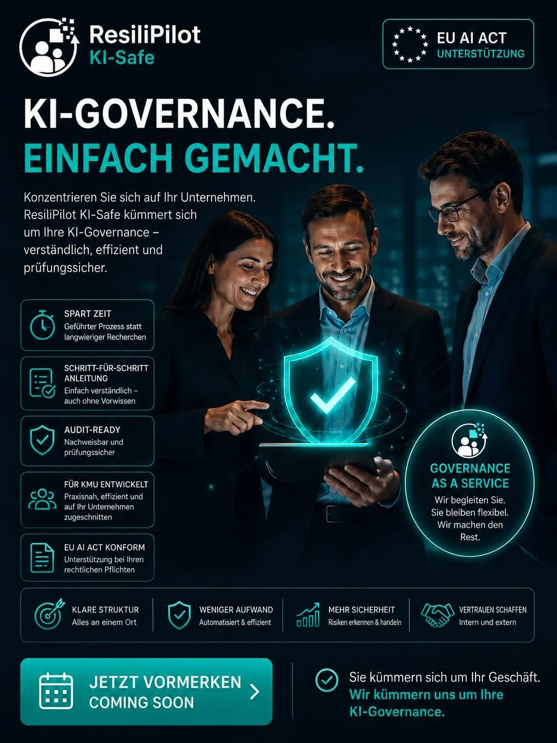 Übersicht ResiliPilot KI-Safe: KI-Governance einfach gemacht – spart Zeit, Schritt-für-Schritt-Anleitung, auditfähig, für KMU entwickelt, Unterstützung bei den Pflichten aus dem EU AI Act