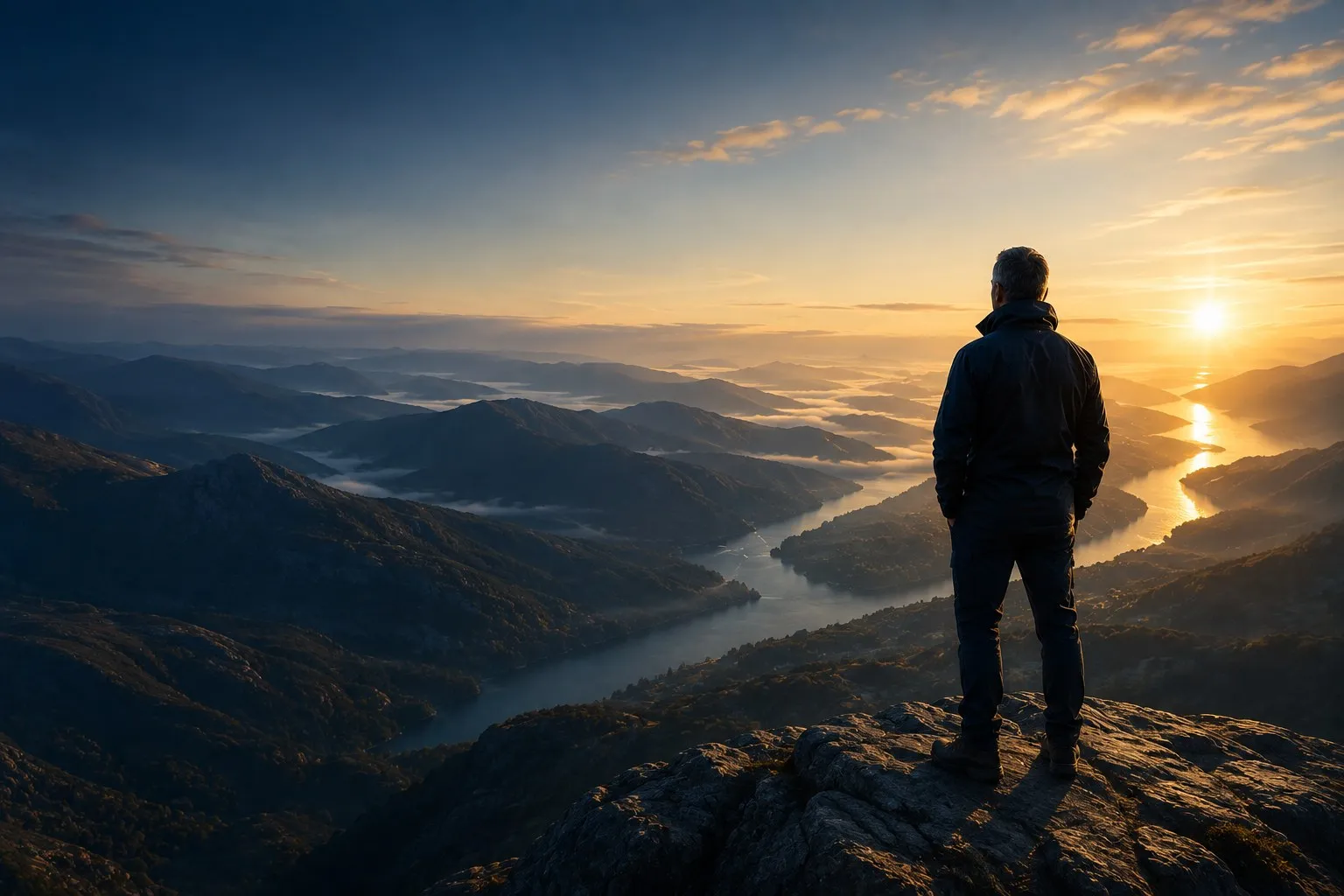 Ein Mensch steht bei Sonnenaufgang auf einem Gipfel und überblickt ein weites Tal
